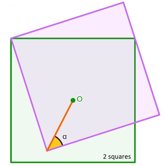 Math puzzle: The orange line connects the center of the green square to a corner of the purple square. Find alpha