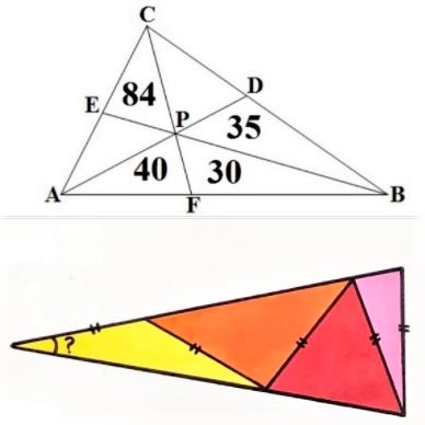 Two math puzzles involving triangle areas and angles