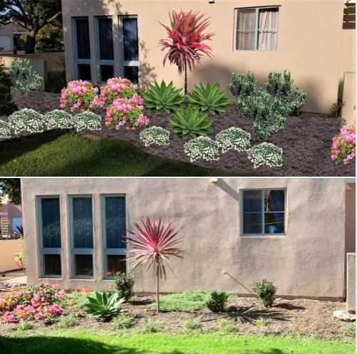 What was promised (virtual-reality rendition) vs. what we got from landscapers at our housing complex!