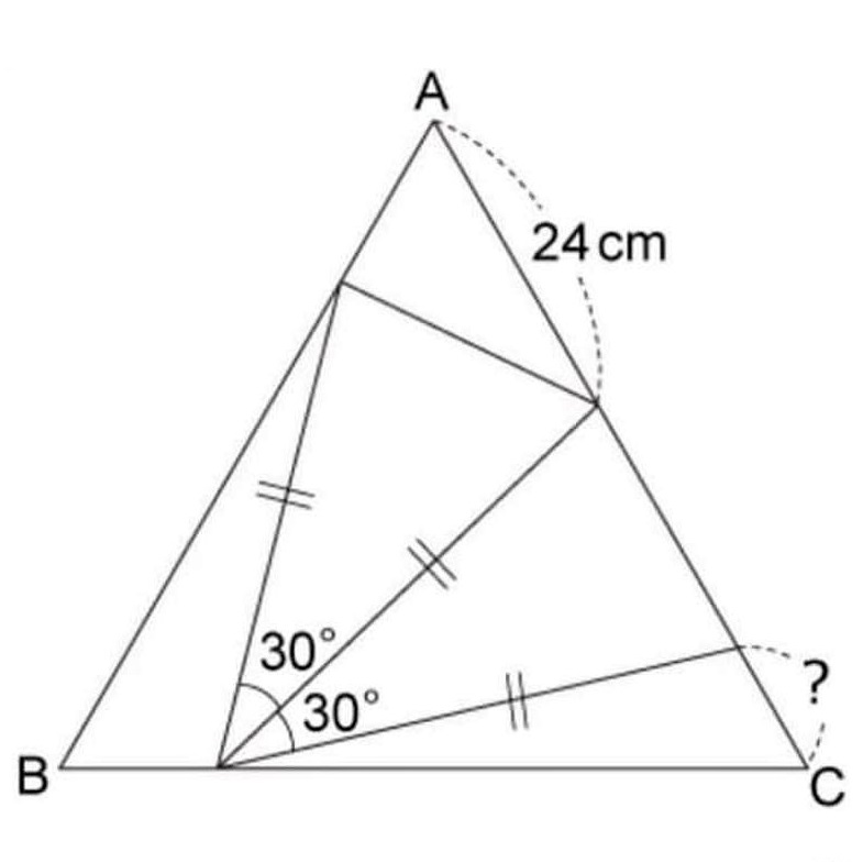 Math puzzle: Two isosceles triangles are inscribed in an equilateral triangle as shown. Find the length identified by a question mark