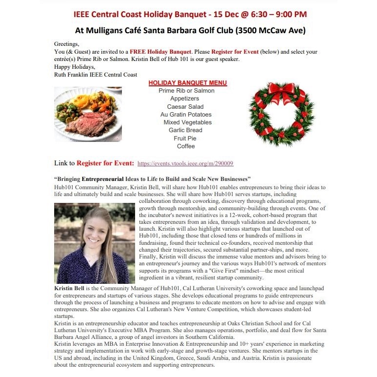 IEEE Central Coast Section's holiday tech-talk/banquet: Kristin Bell will speak