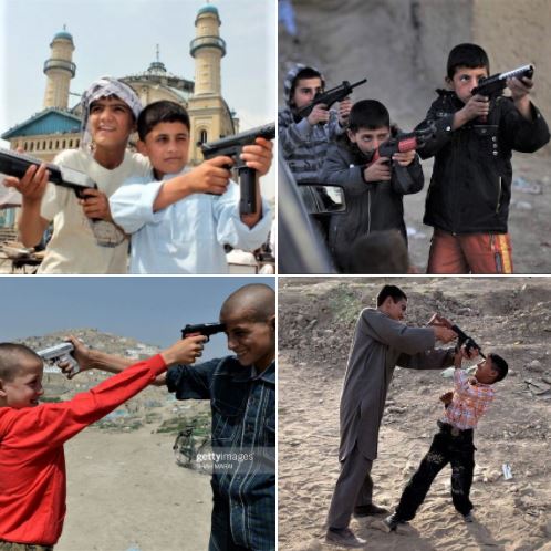 These Afghan boys, playing with toy and real guns, will forever be trapped in a culture of violence because of their upbringing