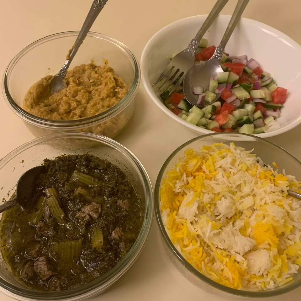 Tonight's dinner: Karafs vegetarian stew from Sadaf, to which I added stew meat, plus rice, Shirazi salad, and a side of Indian coconut squash dal