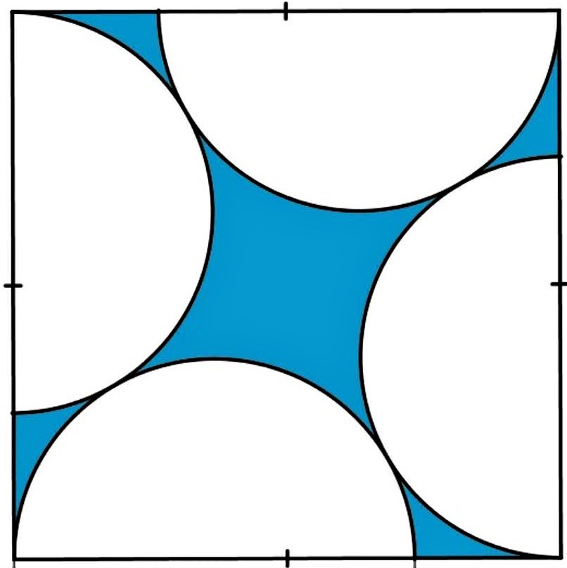 Math puzzle: What fraction of the square's area (cut out by the four half-circles) is shaded blue?