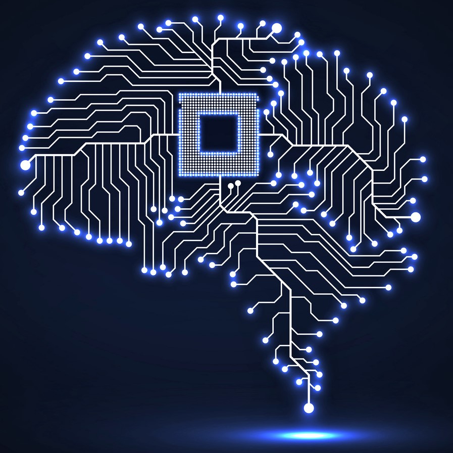 Brain with electronic implant, as a depiction of artificial intelligence
