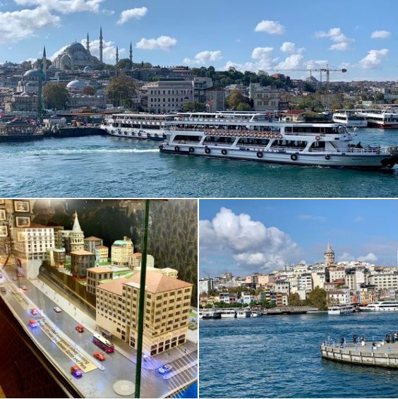 Views of Istanbul from atop Galata Bridge and a scale model of a nearby neighborhood