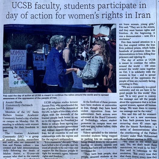 UCSB faculty and students held an event on campus in support of Iranian women pursuing their rights