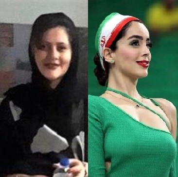 Mahsa Zhina Amini side-by-side witha supporter of Iran's Islamic regime
