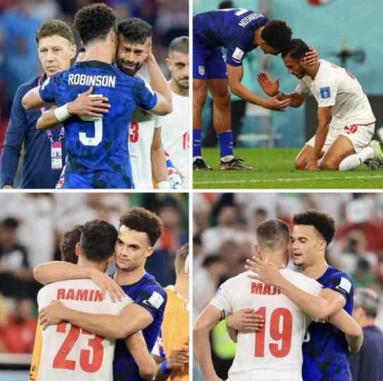 Sportsmanship: US players comforting distraught Iranian players after their World Cup soccer match