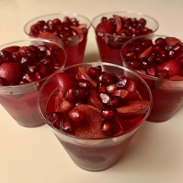 Desserts anyone? Cherry-flavored sugar-free Jello, with cherry and pomegranate toppings