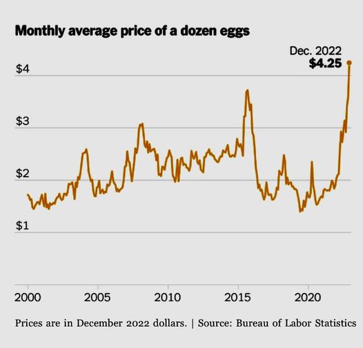 Egg prices are way up in the US: Blame a combination of inflation and avian flu (NYT chart)