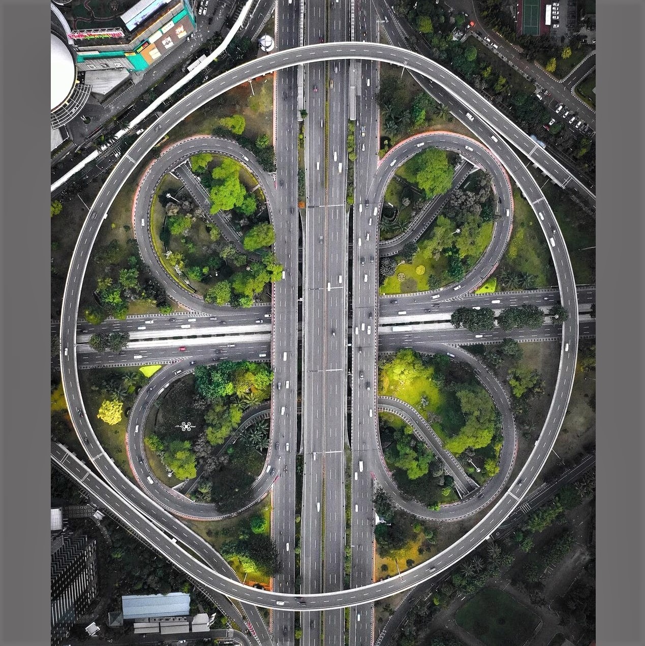 Semanggi highway interchange in Jakarta, Indonesia, at the junction of Gatot Subroto Road and Sudirman Road