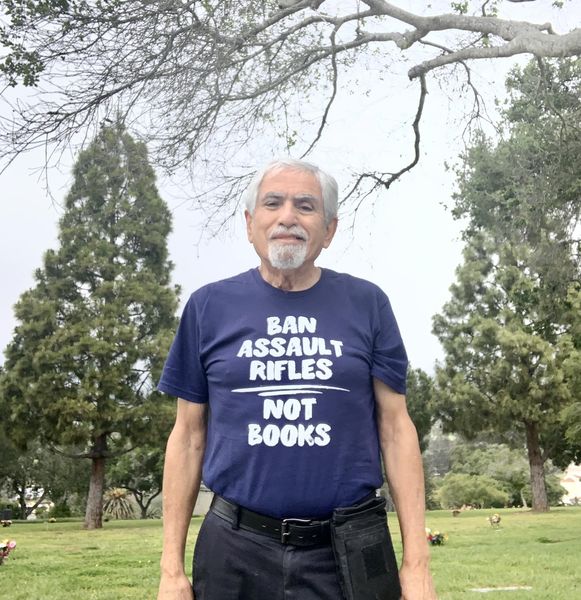 At Santa Barbara Cemetery, early this afternoon: My T-shirt reading 'Ban Assault Rifles, Not Books'