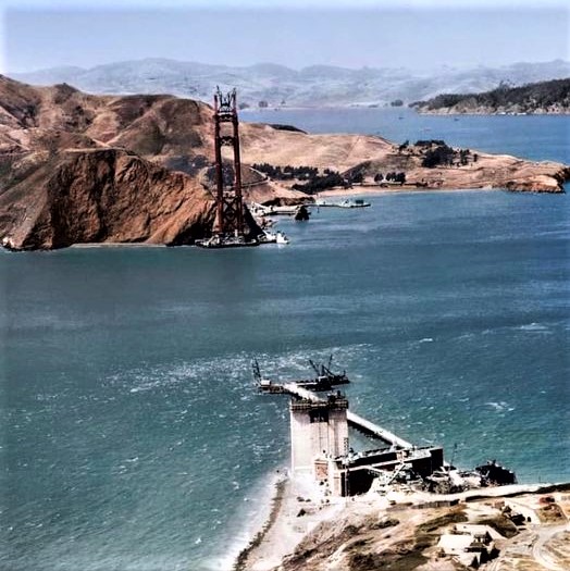 Throwback Thursday: San Francisco's Golden Gate Bridge during construction (colorized photo from 1934)