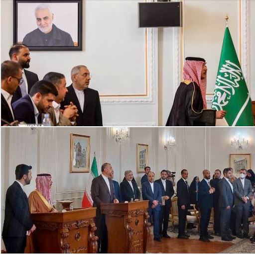 During a joint Iran-Saudi briefing, the Saudi FM reportedly objected to and walked away from a room with a large photo of IRGC Commander Qasem Soleimani