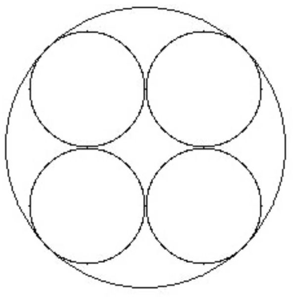 Math puzzle: What is the diameter of the large circle, if the four small circles have diameter 1?