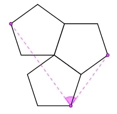Math puzzle: In this diagram with three regular pentagons, find the measure of the angle shown