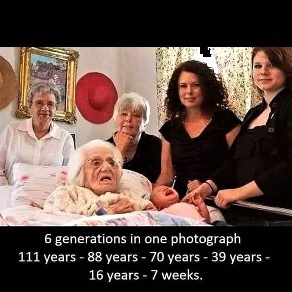 Six generations (ages 111, 88, 70, 39, 16, 0.13 years) in one frame