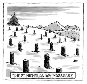 Fir trees being cut down for Christmas: The St. Nicholas Day Massacre (cartoon)