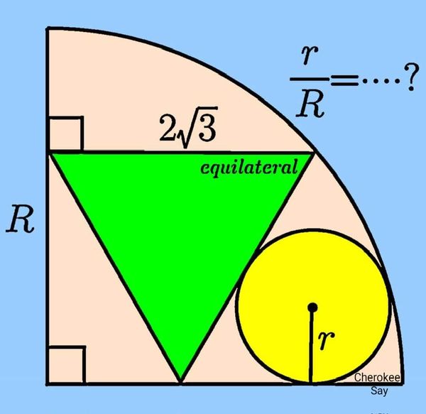 Math puzzle: Find the ratio r/R of the radius of the yellow circle to the radius of the orange quarter-circle