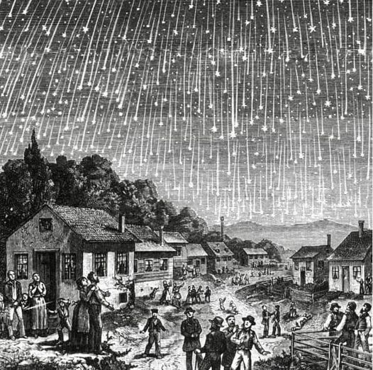 Woodcut by Adolf Vollmy: The work was inspired by an 1833 meteor shower that was so intense that many thought the end of the world had come