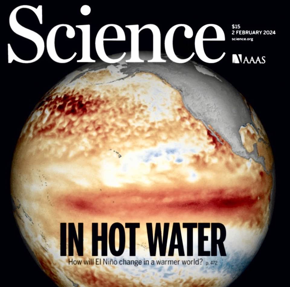 Cover image for Science magazine, issue of February 2, 2024: The focus of the cover feature is on how El Nino will change in a warmer world