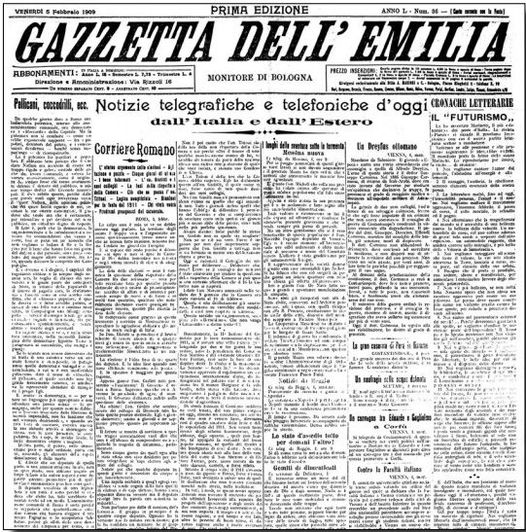Italian newspaper's story about the Manifesto of Futurism