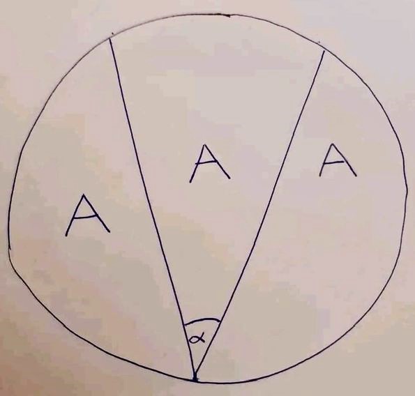 Math puzzle: Given that the three areas in the circle are equal, find the angle alpha