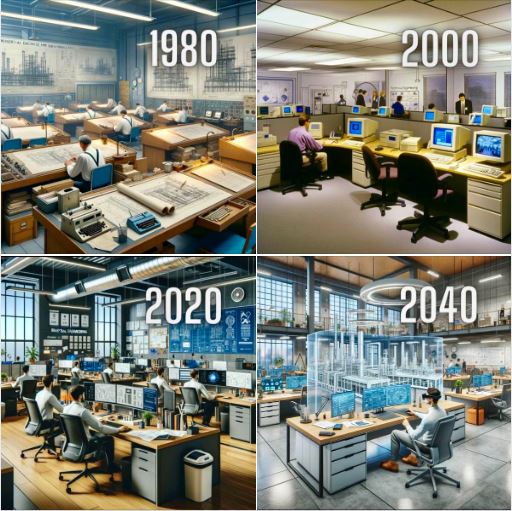 AI-visualized technical rooms for each decade, from 1980 to 2050